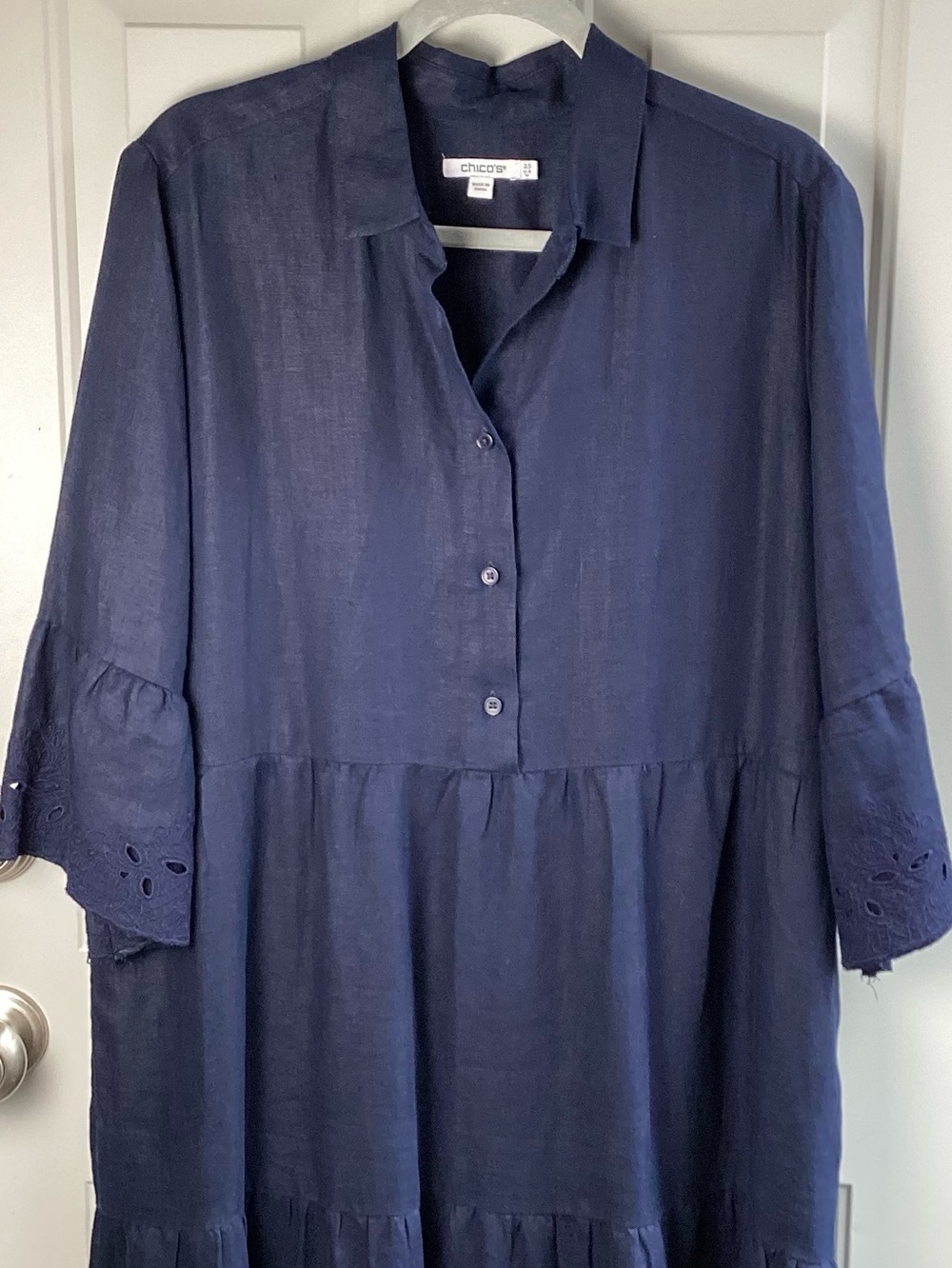 Chico’s 100% Linen Midnight Navy Button-Front Tiered Maxi Dress - Picture 2 of 10